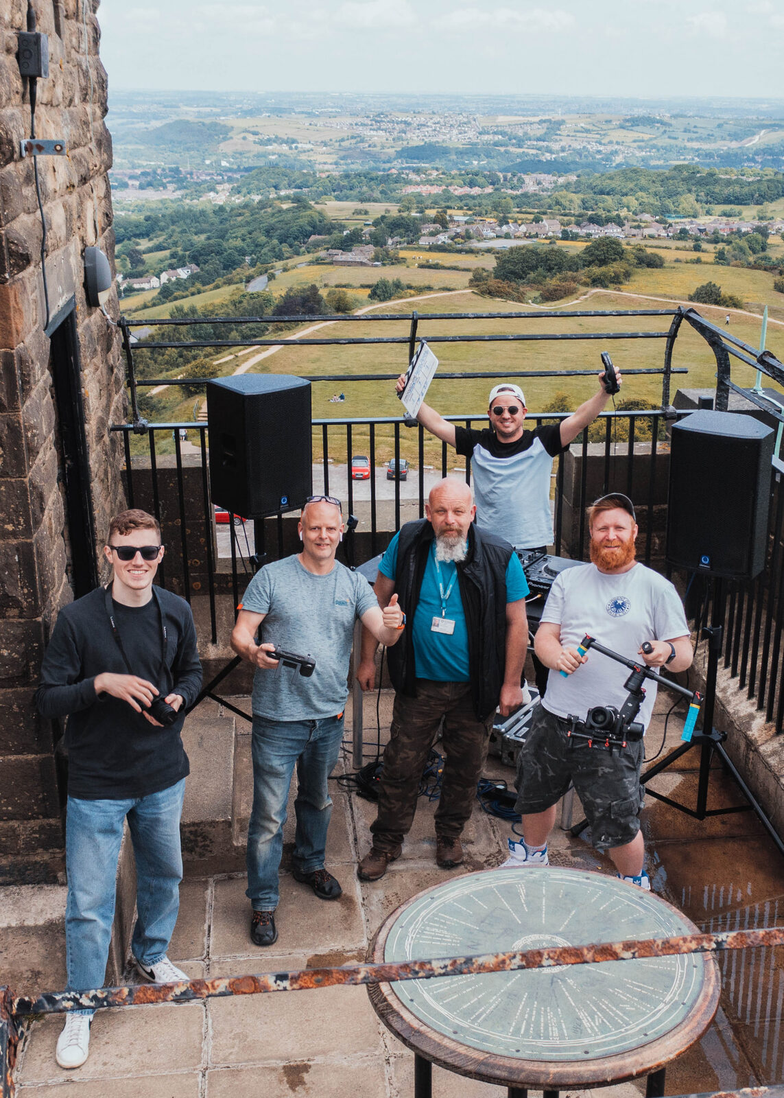 Jack and crew on a tower overlooking the Yorkshire countryside